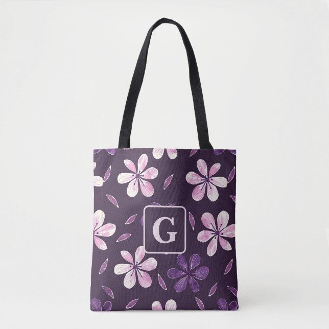 Hand painted purple flowers personalized monogram  tote bag (Front)