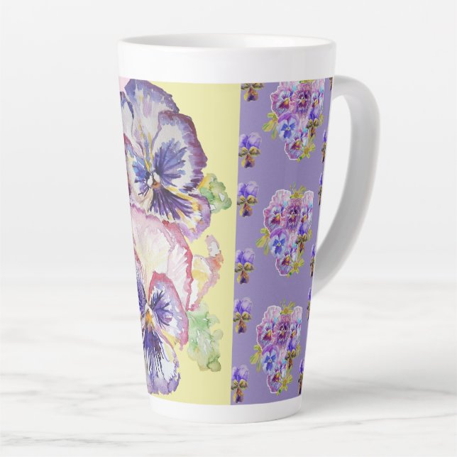 Hand Painted Purple Pansy Pansies floral Latte Mug (Right Angle)