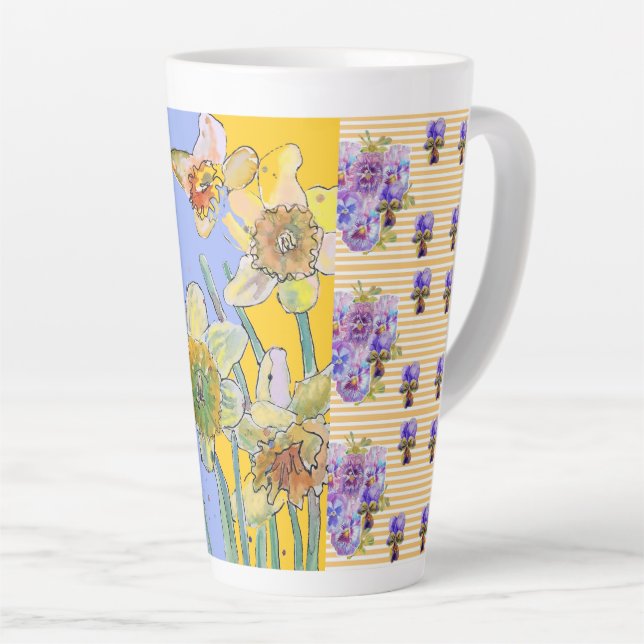 Hand Painted Purple Pansy Pansies floral Latte Mug (Right Angle)