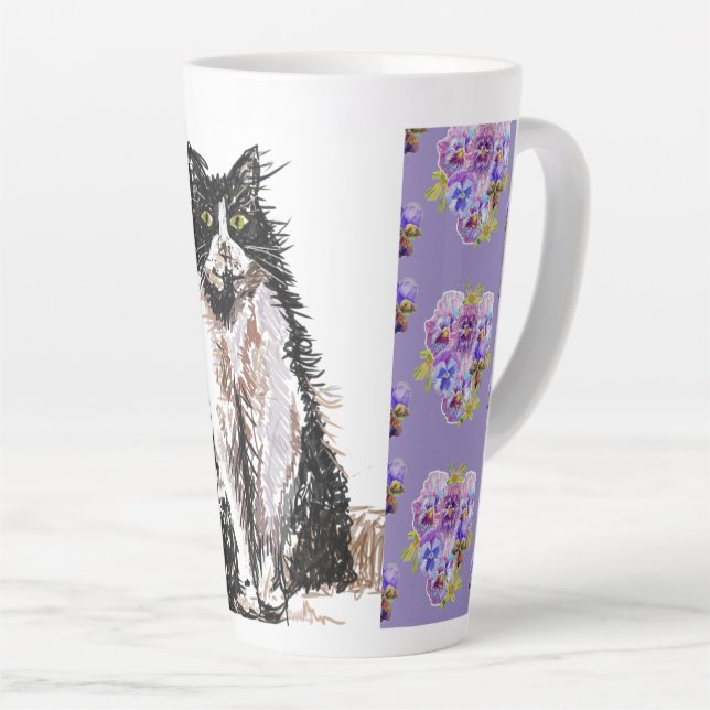 Hand Painted Purple Tuxedo Cat Cats Latte Mug (Right Angle)