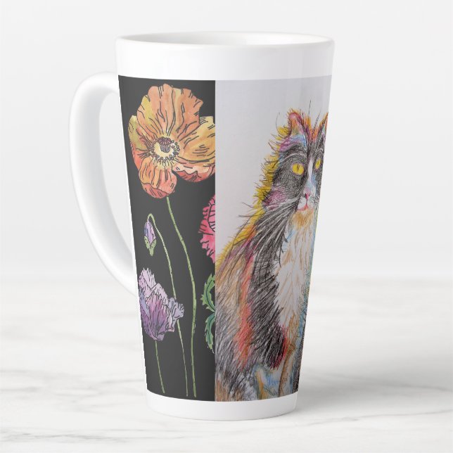 Hand Painted Purple Tuxedo Cat floral Latte Mug (Left Angle)