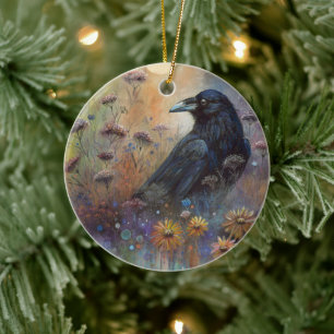 Hand Painted Raven Enchanted Raven Artwork Ceramic Ornament