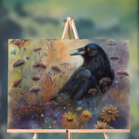 Hand Painted Raven with Wildflowers