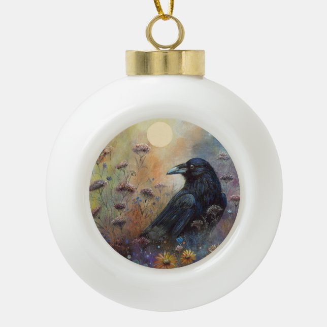 Hand Painted Raven with Wildflowers Ceramic Ball Christmas Ornament (Front)