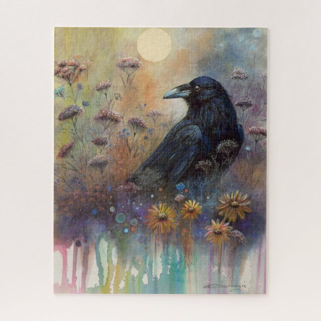 Hand Painted Raven with Wildflowers Jigsaw Puzzle (Vertical)