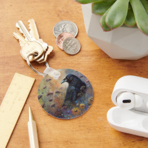 Hand Painted Raven with Wildflowers Keychain