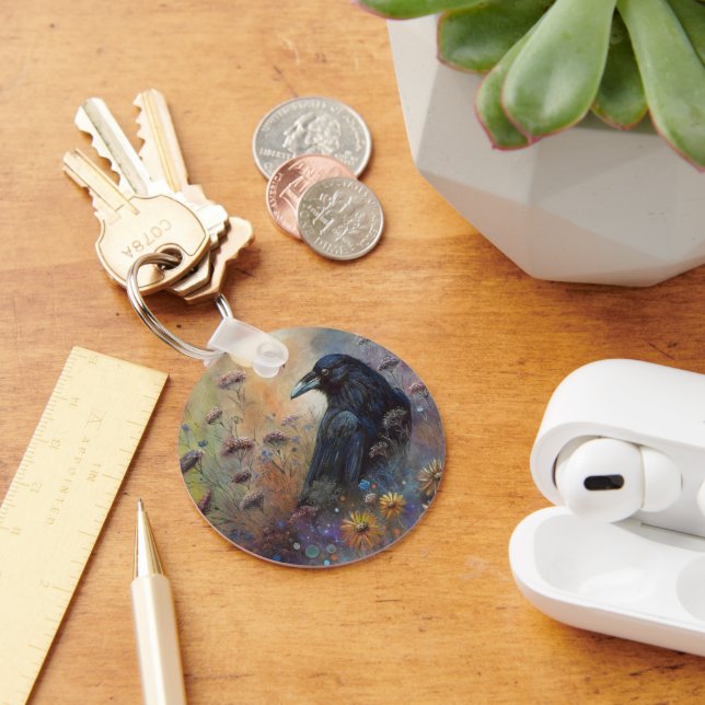 Hand Painted Raven with Wildflowers Keychain (Desk)