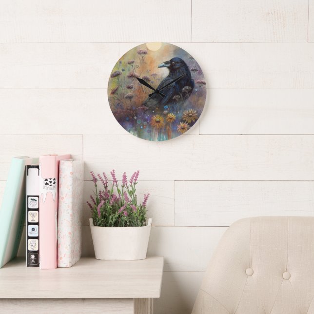 Hand Painted Raven with Wildflowers Large Clock (Reading Room)