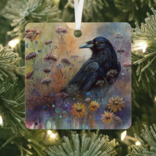 Hand Painted Raven with Wildflowers Metal Ornament