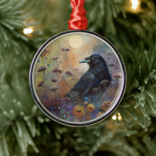 Hand Painted Raven with Wildflowers Metal Ornament