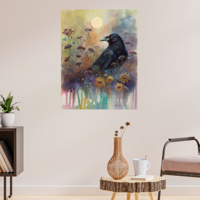 Hand Painted Raven with Wildflowers Poster (Living Room 3)