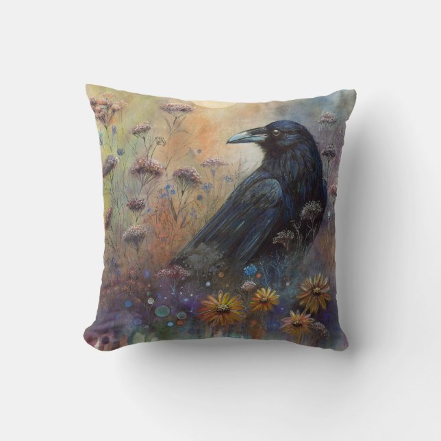 Hand Painted Raven with Wildflowers Throw Pillow (Front)