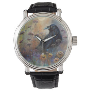 Hand Painted Raven with Wildflowers Watch