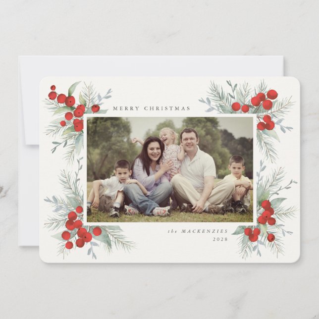 Hand Painted Red Berries Christmas Holiday Photo Invitation (Front)
