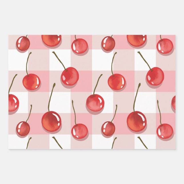 Hand-Painted Red Cherries Seamless Pattern Wrapping Paper Sheet (Front)