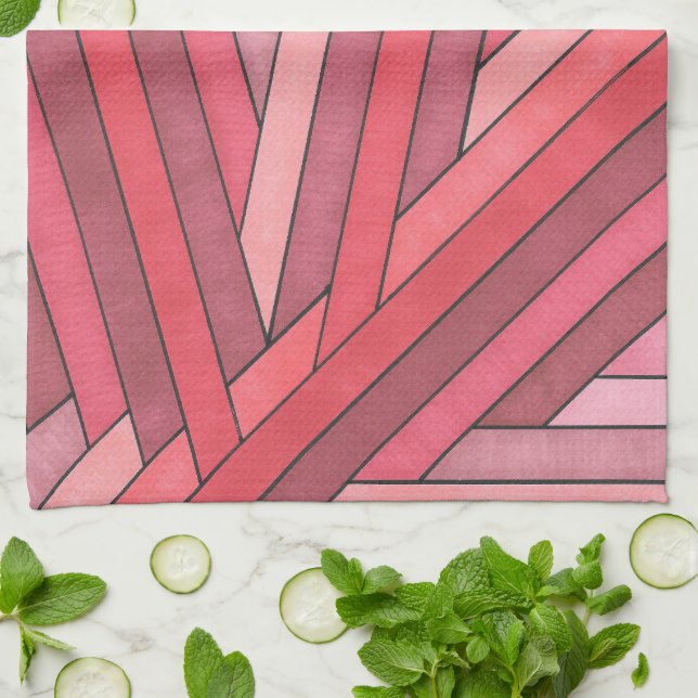Hand Painted Red Geometric Stripe Design Kitchen Towel (Folded)