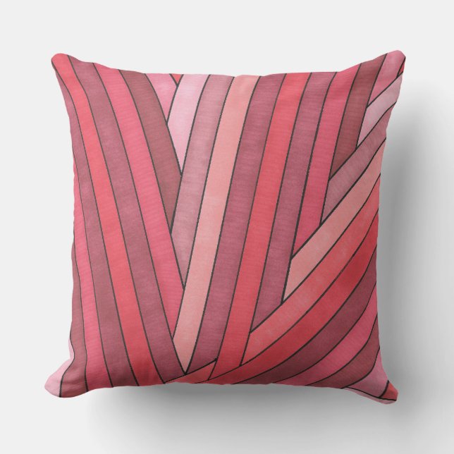 Hand Painted Red Geometric Stripe Design Throw Pillow (Front)