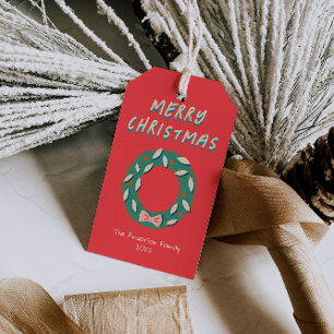 Hand Painted Red Green Christmas Wreath Bold Gift Tags