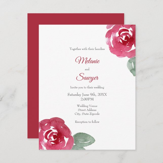 Hand Painted Red Pink Watercolor Rose Invitation (Front/Back)