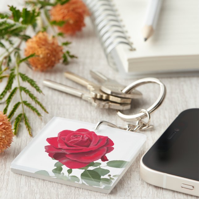 Hand Painted Red Rose Botanical  Keychain (Front Right)