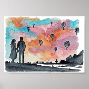 Hand Painted Romantic Couple Balloons Watercolor Poster