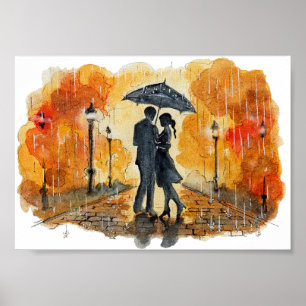 Hand Painted Romantic Couple in Rain Watercolor Poster
