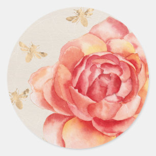 Hand Painted Rose with Golden Bees on White Classic Round Sticker