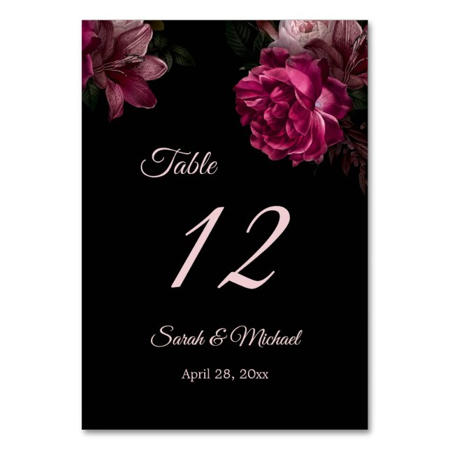 Hand Painted Roses Dark Moody Floral Wedding   Table Number (Front)