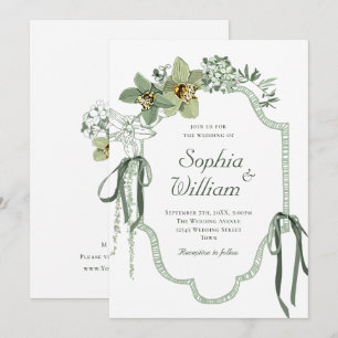 Hand Painted Sage Green Orchids Wedding Invitation