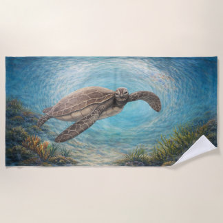 Hand-Painted Sea Turtle in Ocean Vortex Beach Towel