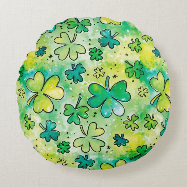Hand-painted shamrock pattern featuring water colo round pillow (Front)