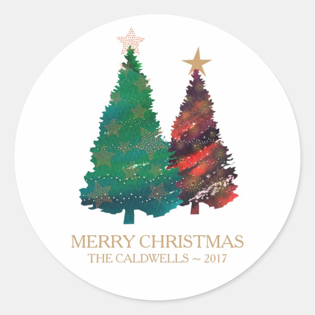 Hand Painted Sparkly Watercolor Christmas Trees Classic Round Sticker (Front)
