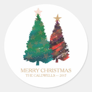 Hand Painted Sparkly Watercolor Christmas Trees Classic Round Sticker