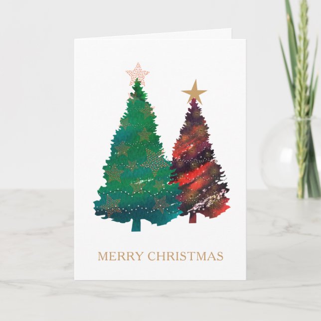 Hand Painted Sparkly Watercolor Christmas Trees Holiday Card (Front)