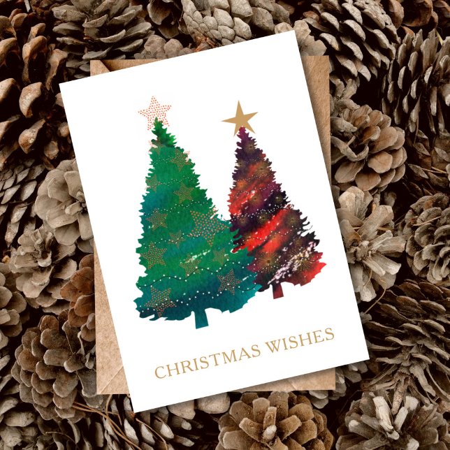 Hand Painted Sparkly Watercolor Christmas Trees Invitation (Christmas Wishes Watercolor Christmas Trees)