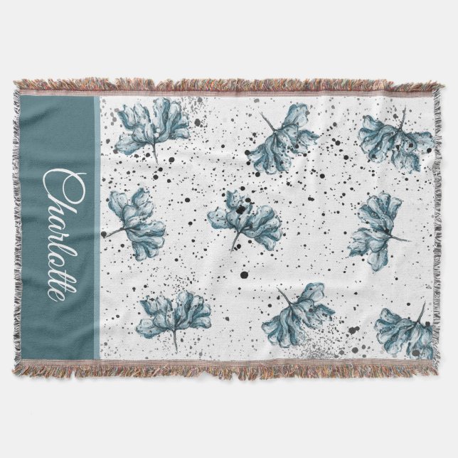 Hand painted steel blue Floral Monogram Throw Blanket (Front)