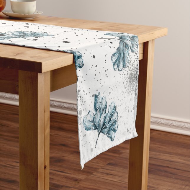 Hand painted steel blue Floral Short Table Runner (In Situ)
