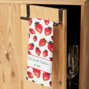 Hand-Painted Strawberry Personalized Boho Spring Kitchen Towel