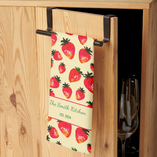 Hand-Painted Strawberry Personalized Boho Yellow Kitchen Towel (Thirds Fold)