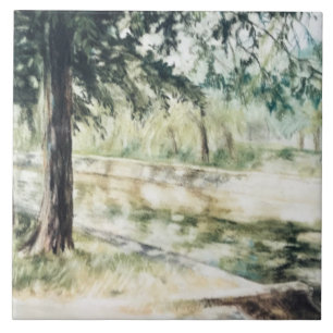 Hand painted summer landscape green trees river tile