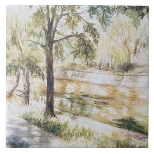 Hand painted summer watercolor green trees river tile
