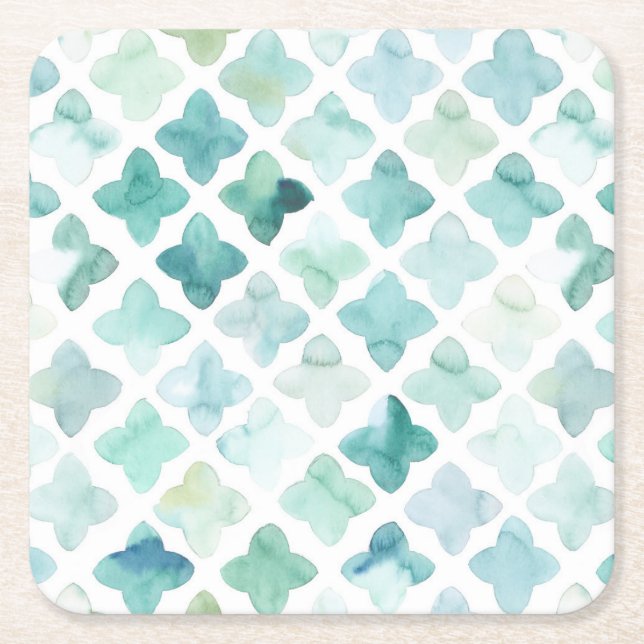 Hand Painted Turquoise Pattern Square Paper Coaster (Front)