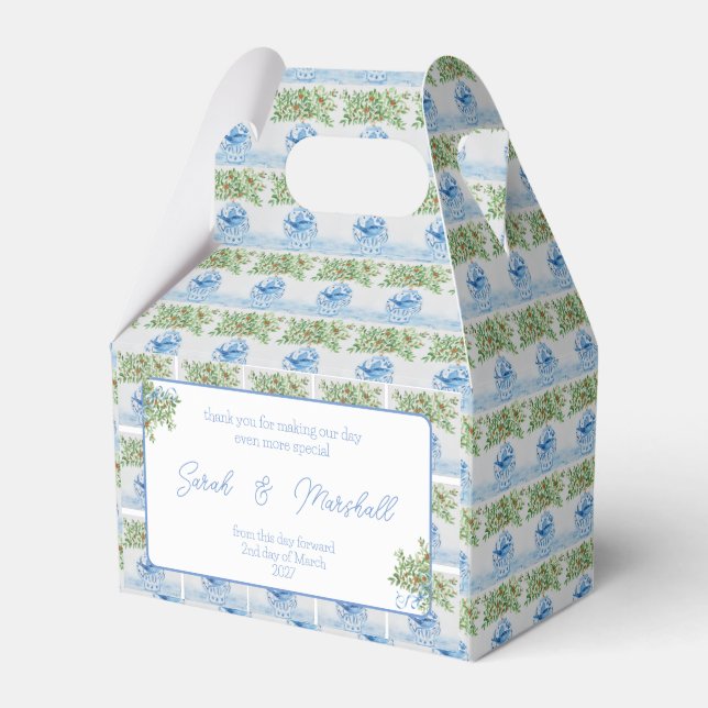 Hand Painted Tuscan Blue Ginger Jars Wedding Favor Box (Front Side)