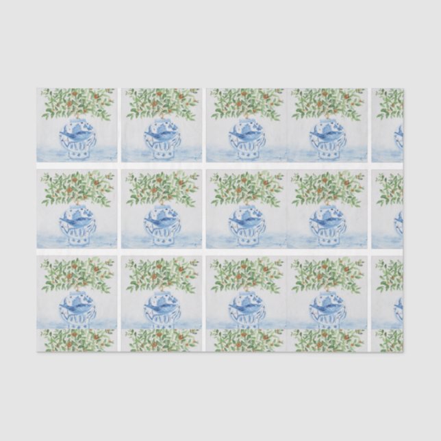 Hand Painted Tuscan Blue Ginger Jars Wedding Tissue Paper (Front)