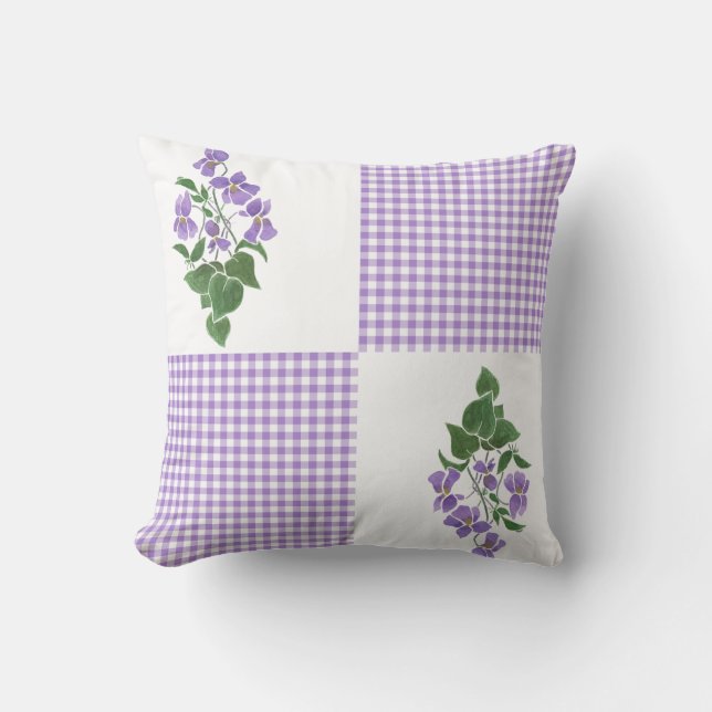 Hand-painted Violets on White, Mauve Check Gingham Throw Pillow (Front)