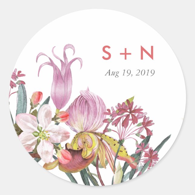 Hand painted water colour exotic flower wedding classic round sticker (Front)
