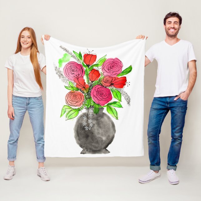 Hand Painted Watercolor Abstract Floral Art Fleece Blanket (In Situ)
