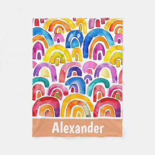 Hand painted watercolor boho rainbows personalized fleece blanket
