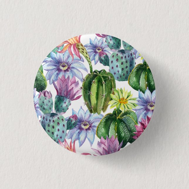 Hand Painted Watercolor Cactus Pattern 1 Inch Round Button (Front)