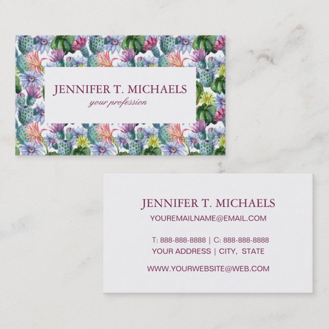 Hand Painted Watercolor Cactus Pattern Business Card (Front/Back)